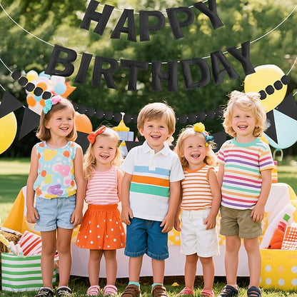 CANREVEL Pre-Strung 3D Happy Birthday Banner, 3 PCS Black Happy Felt Garland, Pom Pom Garland, Triangle Fabric Bunting, Reusable Black Birthday Decorations