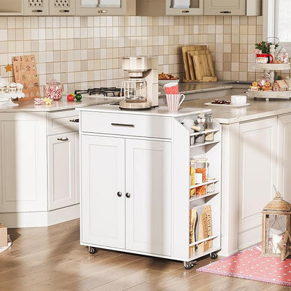 HOOBRO Kitchen Island with Power Outlet, Kitchen Storage Island with Spice Rack and Drawer, Rolling Kitchen Cart on Wheels, for Home, Kitchen and Dining Room, White WT82UZD01G1
