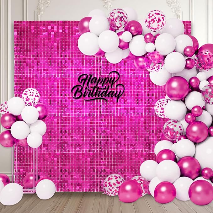 48 PCS Fuchsia Shimmer Wall Backdrop, Square Sequin Photo Backdrops Panel, Glitter Wall Background for Birthdays, Weddings, Christmas, Engagements, Disco Bachelorette Party Decoration (6FTx8FT)