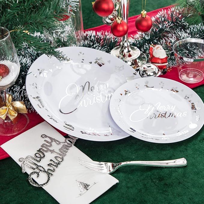 Ciaell 175PCS Christmas Plastic Plates - White and Silver Plastic Plates for 25 Guests - Include 50 Disposable Plate, 25 Knives, 25 Spoons, 25 Forks and 25 Christmas Tree Napkins for Xmas Party