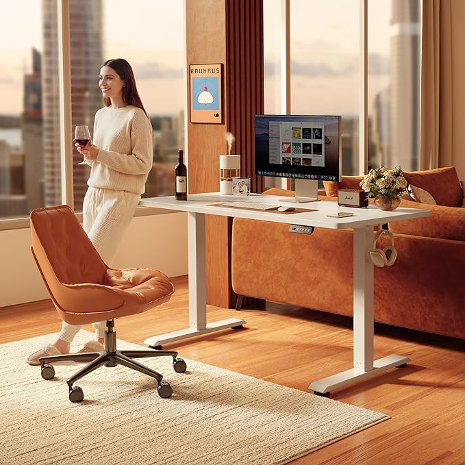FEZIBO 40 x 24 Inchs Electric Standing Desk, Height Adjustable, Sit Stand Up, Computer Office Desk with Splice Board, White Frame/White Top