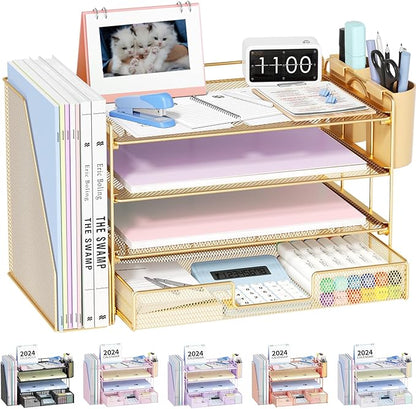 OPNICE Desk Organizer, 4-Tier Desktop File Organizer with Drawer and 2 Pen Holders, Office Desk Accessories, File Sorters, Workspace Organizers for Office Supplies(Gold)