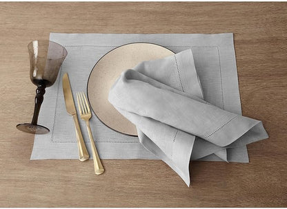 Solino Home Linen Napkins Set of 4 - Classic Hemstitch 100% Pure Linen Soft Grey Dinner Napkins Cloth 20 x 20 Inch for Fall, Autumn, Christmas, Winter, New Year - Handcrafted and Machine Washable