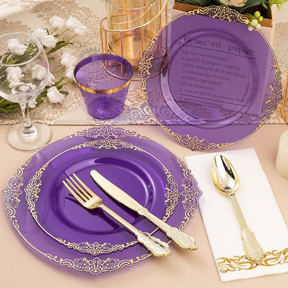 350PCS Clear Purple Plastic Plates for 50 Guests, Disposable Plates with Gold Trim include 50 Dinner Plates, 50 Dessert Plates, 150 Gold Silverware, 50 Cups, 50 Napkins for Party, Wedding