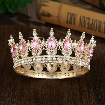 Queen Crown Rhinestone Wedding Crowns and Tiaras for Women Costume Party Hair Accessories Princess Birthday Crown Crystal Bridal Crown (Gold & Pink Crown)