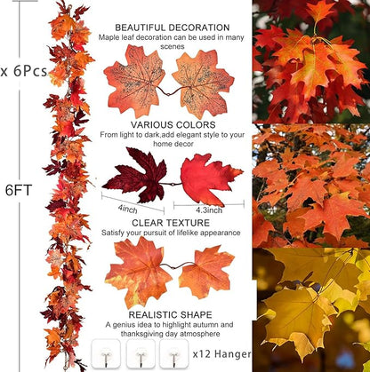 DearHouse 6 Pack Fall Garland Maple Leaf Clearance, 5.9Ft/Piece Hanging Vine Artificial Autumn Garland Thanksgiving Decor for Home Wedding Fireplace Party Christmas (Red)