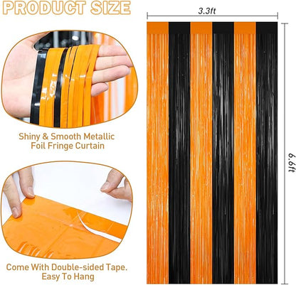Black and Orange Tinsel Backdrop Foil Fringe Curtains - 2 Packs Door Streamers Backdrop for Birthday Door Decorations, Party Supplies for Bachelorette, Halloween, Christmas, Disco Decor