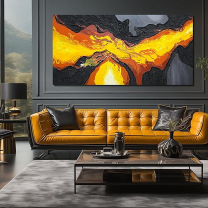 GUGIKA Large Abstract Wall Art for Living Room, Hand Painted 3D Textured Magma Paintings, Black and Gold Yellow Volcanic Lava Canvas Wall-Decor for Bedroom, Size 72x36 Inches