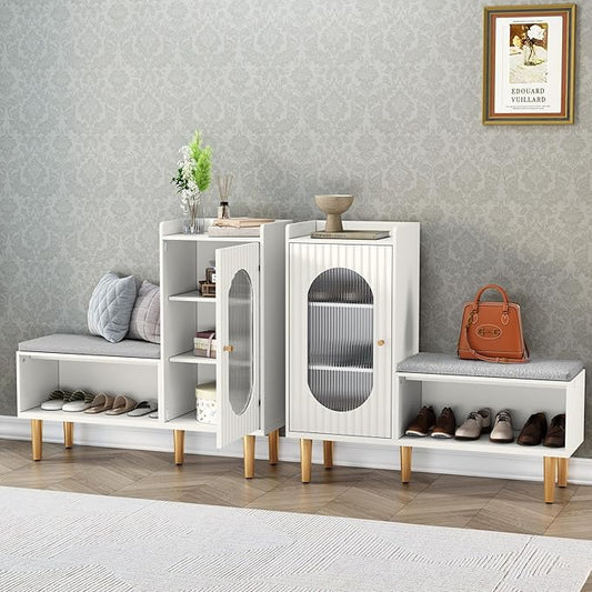 HLR Storage Bench Set of 2, White Modern Entryway Shoe Cabinet Bench with Glass Door&Shelf, L-Shaped Storage Cabinet with Padded Seat for Hallway, Bedroom, Living Room, Office