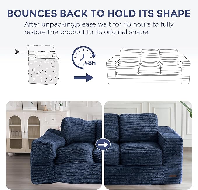 MAXYOYO 3-Seater Boneless Sofa Couch in a Box, Modern Faux Fur Sofa for Living Room, Soft High-Density Foam Couch with Pillows, Fluffy & Supportive Lounge, No Assembly Required, Navy