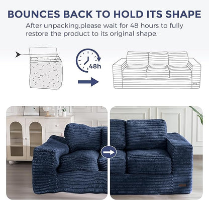 MAXYOYO 3-Seater Boneless Sofa Couch in a Box, Modern Faux Fur Sofa for Living Room, Soft High-Density Foam Couch with Pillows, Fluffy & Supportive Lounge, No Assembly Required, Navy
