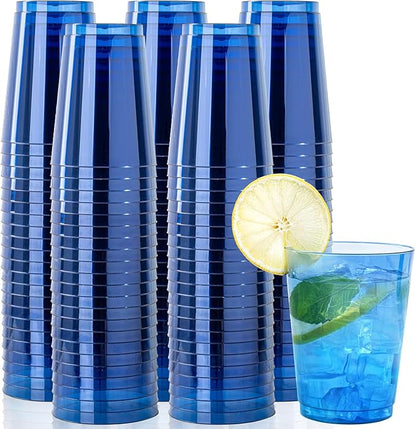 DaYammi 100 Pack Clear Blue Plastic Cups 10 Oz, Blue Cups for Party Disposable Wine Glasses Heavy Duty Disposable Tumblers Drinking Cocktail Glasses for Wedding Hanukkah Christmas