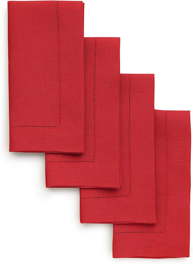 Solino Home Red Linen Napkins Set of 4-100% Pure Linen Hemstitch Dinner Napkins 20 x 20 Inch for Christmas, Holiday, Winter, New Year - Classic Hemstitch
