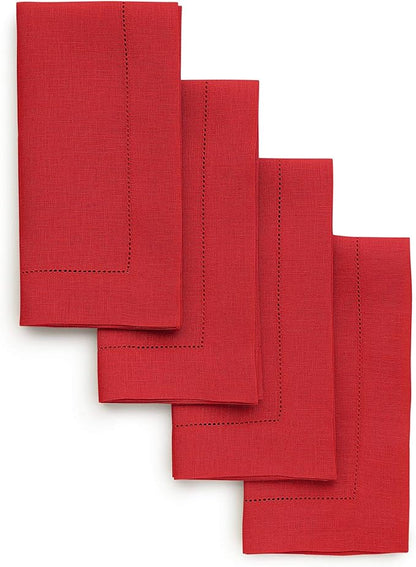 Solino Home Red Linen Napkins Set of 4-100% Pure Linen Hemstitch Dinner Napkins 20 x 20 Inch for Christmas, Holiday, Winter, New Year - Classic Hemstitch