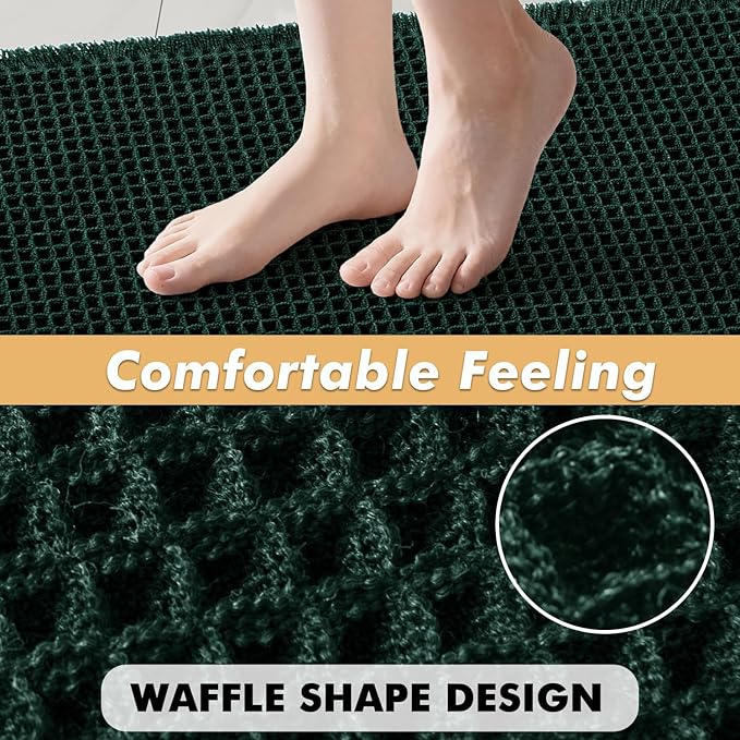 MIULEE Dark Green Set of 2 Waffle Bathroom Rugs, Boho Bath Rugs Non Slip Washable, Super Absorbent Bath Mats, Ultra Soft Rubber Backed Shower Mats for Bathroom Floor, Tub, 17x24 Inch