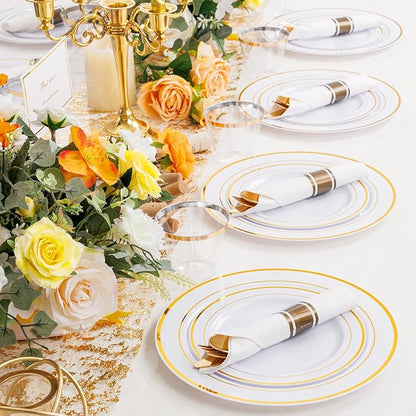 WELLIFE 700 Pcs Gold Plastic Plates for 100 Guests - Disposable Dinnerware Set,Christmas Party Supplies Includes 200 Gold Plates,300 Plastic Silverware,100 Napkins,100 Cups for Party and Christmas