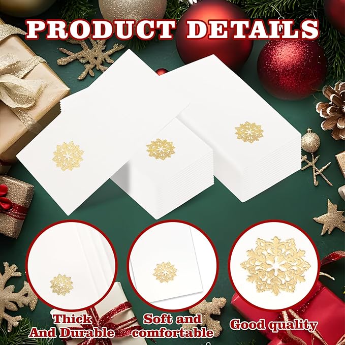 50 Pack Christmas Snowflake Paper Napkins - Cloth-like Christmas Disposable Hand Towels, Gold Premium Quality Xmas Dinner Napkin for Home Kitchen Table Bathroom Holiday Decor