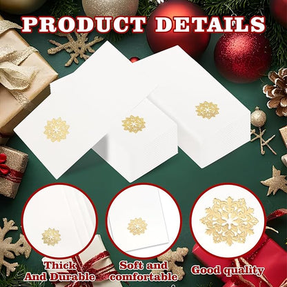 50 Pack Christmas Snowflake Paper Napkins - Cloth-like Christmas Disposable Hand Towels, Gold Premium Quality Xmas Dinner Napkin for Home Kitchen Table Bathroom Holiday Decor