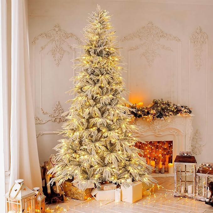 GOFLAME 8FT Pre-lit Artificial Christmas Tree, Snow Flocked Hinged Xmas Tree with 450 Warm White LED Lights, 1108 Branch Tips and Folding Metal Stand, Holiday Decoration Tree for Home Party