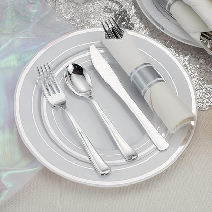 50 Pack Pre Rolled Silver Plastic Silverware Set, Disposable Wrapped Plastic Cutlery Set (50 Forks, 50 Knives, 50 Spoons, 50 Napkins) for Wedding Party