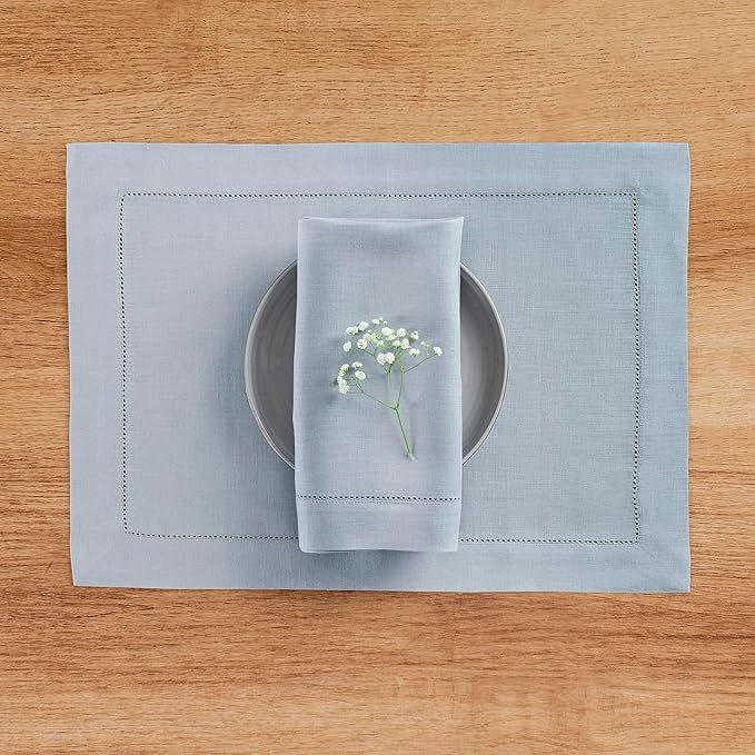 Solino Home Dusty Blue Linen Napkins Set of 4-100% Pure Linen Hemstitch Dinner Napkins 20 x 20 Inch for Fall, Autumn - Classic Hemstitch