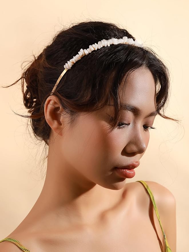 MINACHI Created White Quartz Chip Hairband – Boho Bridal Accessories Gold-tone Wire Wrapped Hairband for Women