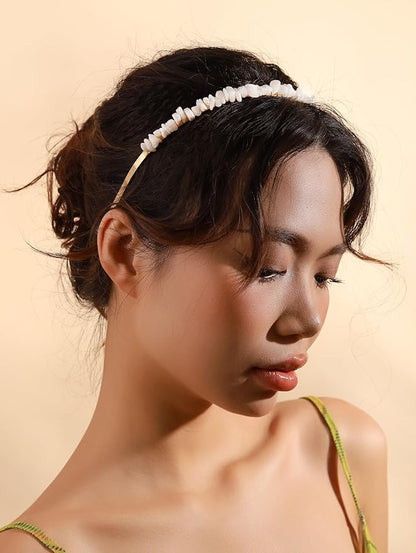 MINACHI Created White Quartz Chip Hairband – Boho Bridal Accessories Gold-tone Wire Wrapped Hairband for Women