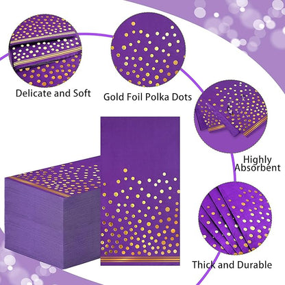 100 Pcs Purple Paper Napkins Disposable - Purple Gold Dot Dinner Party Napkins for Bathroom Wedding Anniversary Birthday Party Supplies