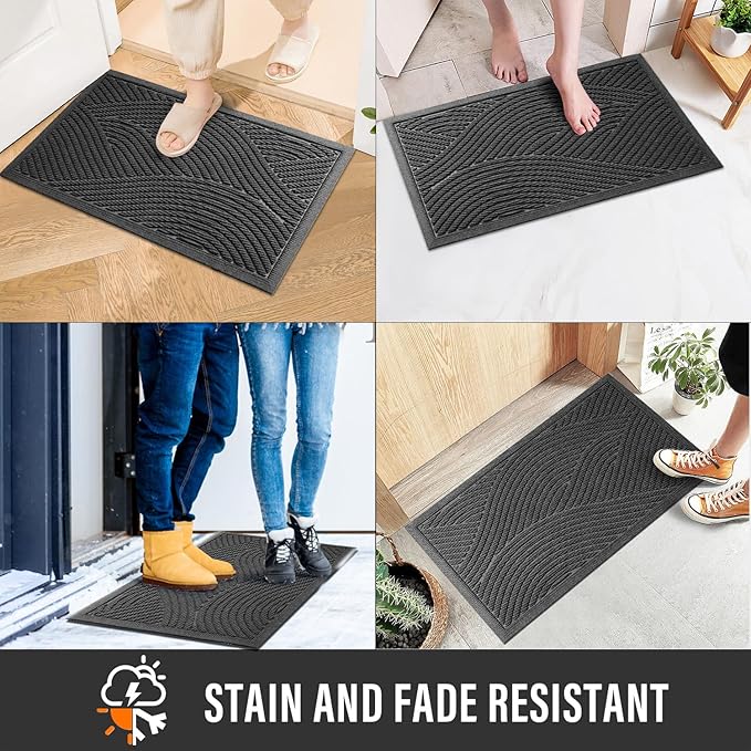 Sturdy Front Door Mat, Absorbent Muddy Dirt Resist Welcome Door Mats Outdoor Indoor, Stain and Fade Resistant, Non-Slip Backing Entry Mat Low Profile Doormat for Entryway, 36×24, Grey