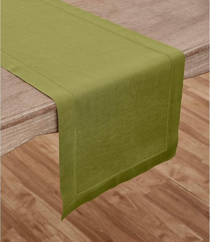 Solino Home Linen Avocado Green Hemstitch Table Runner 60 Inches - 100% Pure Linen Small Table Runner 14 x 60 Inch Ideal for Dresser and Coffee Tables - Classic Hemstitch - Fall, Autumn