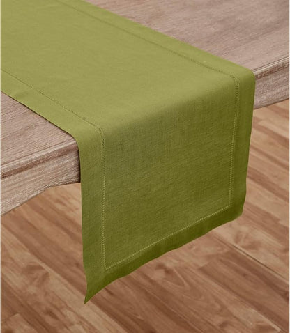 Solino Home Linen Avocado Green Table Runner 90 Inches Long - 100% Pure Linen Hemstitch 14 x 90 Inch Table Runner for Dining, Fall, Autumn - Classic Hemstitch