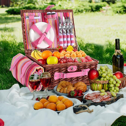 Wicker Picnic Basket for 4 with Waterproof Picnic Blanket and Insulated Cooler, Willow Hamper for Camping, Outdoors, Photoshoot, or a Birthday, Valentine’s Day, Wedding Gift, Pink