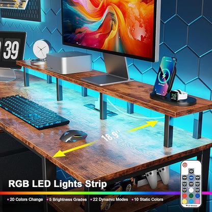 Furologee 61" Computer Desk with Power Outlet & LED Lights, Reversible Gaming Desk with File Cabinet & Monitor Stand for Home Office, Writing Study Table with Storage Shelves and Drawer, Rustic Brown