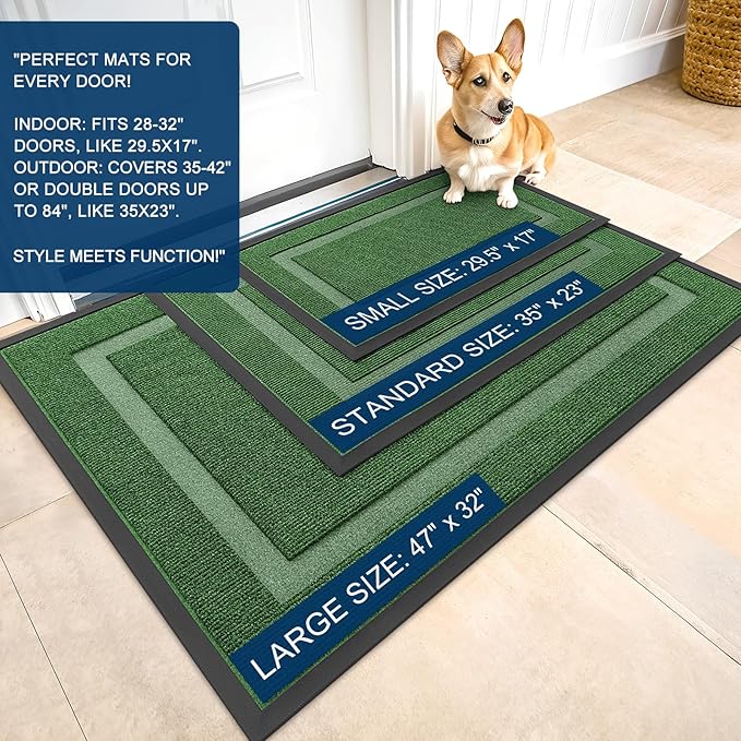 OLANLY Front Door Mat Indoor Outdoor Entrance, Waterproof All-Season, All-Weather Doormat, Sturdy Natural Rubber, Fade Resistant, Low Profile, Easy Clean Patio Porch Entryway Mat, 47x30, Green