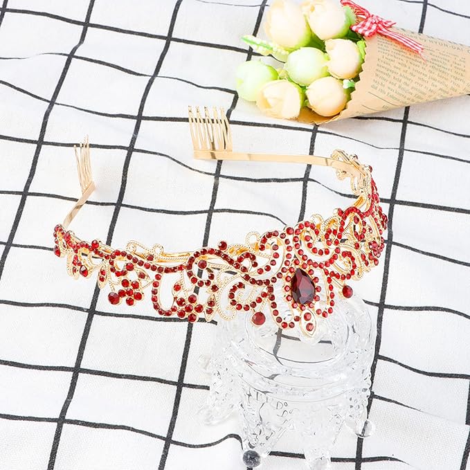 COCIDE Red Tiara Crowns Aurora Borealis Crystal Headband Princess Ruby Rhinestone Crown with Combs Bride Headbands Bridal Wedding Prom Birthday Party Hair Accessories Jewelry for Women Girls