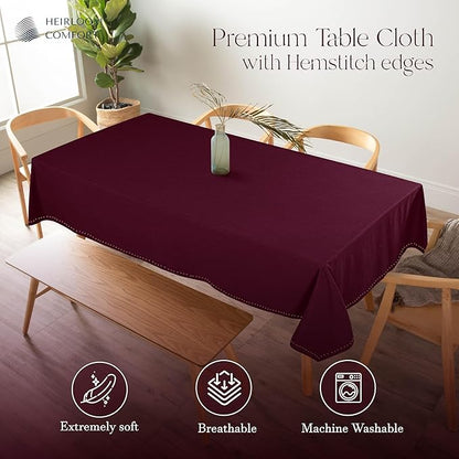 Burgundy Wine Cotton Tablecloth, Table Cover 52x70 Inch, Fits 4-6 Seats, Soft,Washable, Wrinkle Resistant, Rectangle Table Cloth for Dining, Anniversaries, Holiday Feasts, Decor