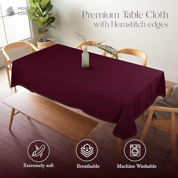 Burgundy Wine Tablecloth, 100% Cotton, 60x86 Inch, Fits 6-8 Seats, Soft, Washable, Wrinkle Resistant, Rectangle Dining Table Cover for Anniversaries, Decor, Holiday, Dinner, Events