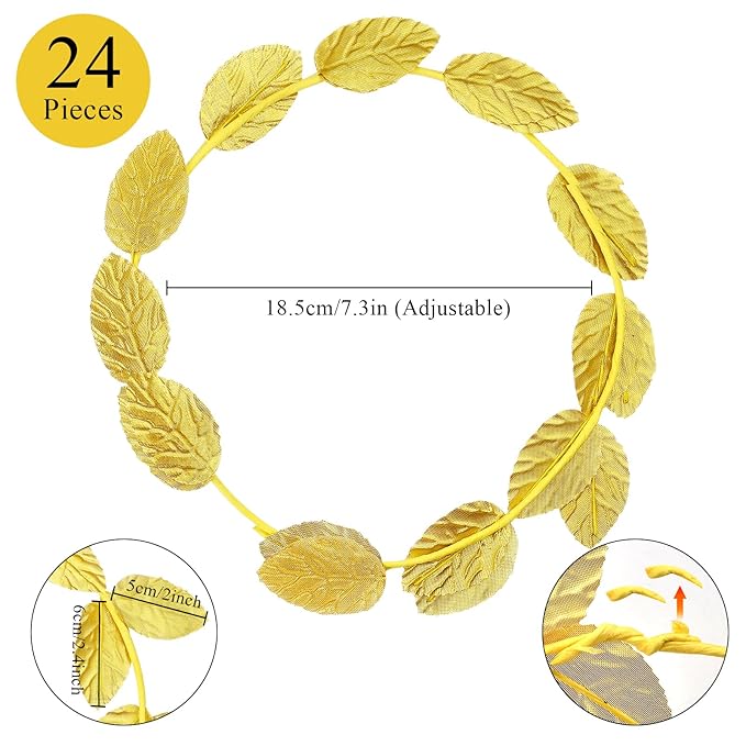 24 Pieces Roman Laurel Wreath Crown, Circlet Gold Leaf Crown, Headband Laurel Crowns, Greek Goddess Headpiece, Toga Headwear Greek Goddess Accessories for Halloween Wedding Party Decoration