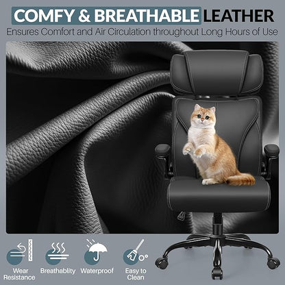 Office Chair, Ergonomic Big and Tall Computer Desk Chair with Retractable Adjustable Headrest, Executive Breathable Leather Chair, Lumbar Support Swivel PC Chair with Flip-up Armrests Rocking Function