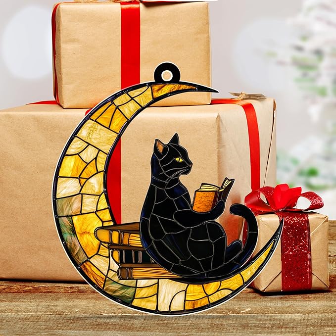 FLAGWIX Christmas Book Lovers Gifts for Readers - Acrylic Christmas Ornaments 2025 - Reading Nerd Librarian Bookish Gifts for Book Lovers, Black Cat Gift, Cat Decor Ornament for Christmas Decorations