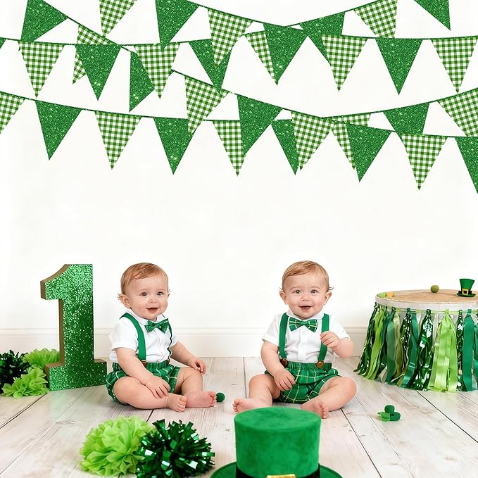 Glitter Green Party Pennant Banner Flag Green Buffalo Plaid Hanging Paper Triangle Bunting for Birthday Baby Shower Christmas Holiday Wedding Bridal Shower St Patrick's Day Party Decorations Supplies
