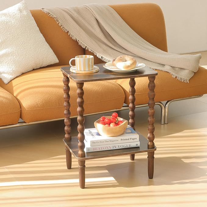 Side Table, Small End Table with Storage Shelf, 2-Tier Small Coffee Tables Living Room for Bedroom, Narrow Spaces (Rustic Brown)