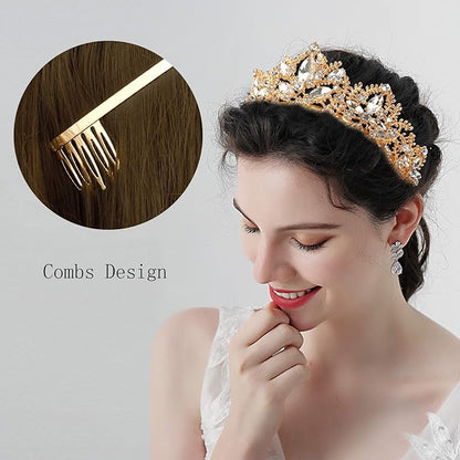 Gold Tiara and Crown for Women Crystal Headband with Comb Rhinestones Princess Hairpiece for Girls Wedding Hair Accessories for Party Bride Bridesmaids Bridal Prom Halloween Costume Cosplay