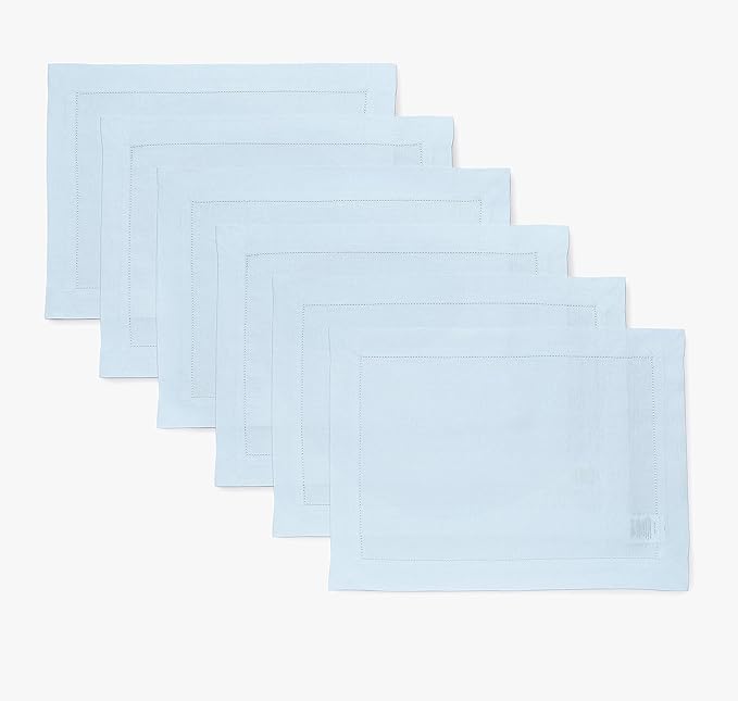 Solino Home Linen Cloth Placemats Set of 6-100% Pure Linen Hemstitch Light Blue Placemats 14 x 19 Inch - Classic Hemstitch Table Place Mats for Christmas, Winter, New Year