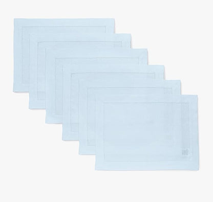 Solino Home Linen Cloth Placemats Set of 6-100% Pure Linen Hemstitch Light Blue Placemats 14 x 19 Inch - Classic Hemstitch Table Place Mats for Christmas, Winter, New Year