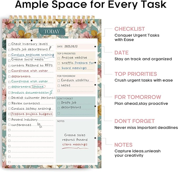 Taja To Do List Notepad - To Do List Notebook for Work with 52 Sheets, 9.8" x 6.5", Undated Daily Planner Perfect for Daily Tasks and Goal Setting, Notepad Suitable for Office, Home & School - Teal Petals