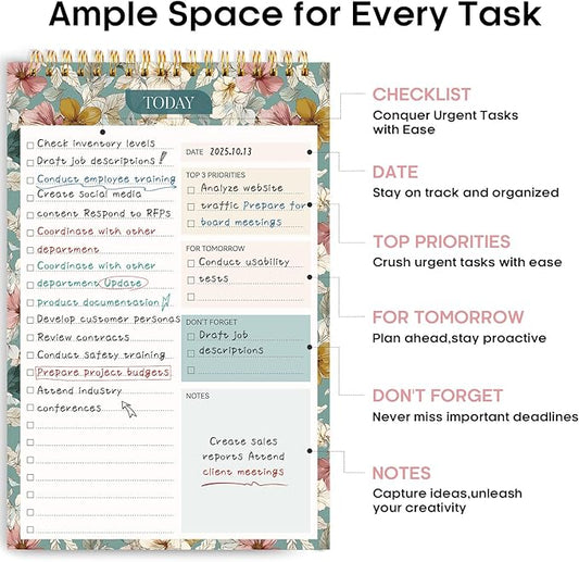 Taja To Do List Notepad - To Do List Notebook for Work with 52 Sheets, 9.8" x 6.5", Undated Daily Planner Perfect for Daily Tasks and Goal Setting, Notepad Suitable for Office, Home & School - Teal Petals