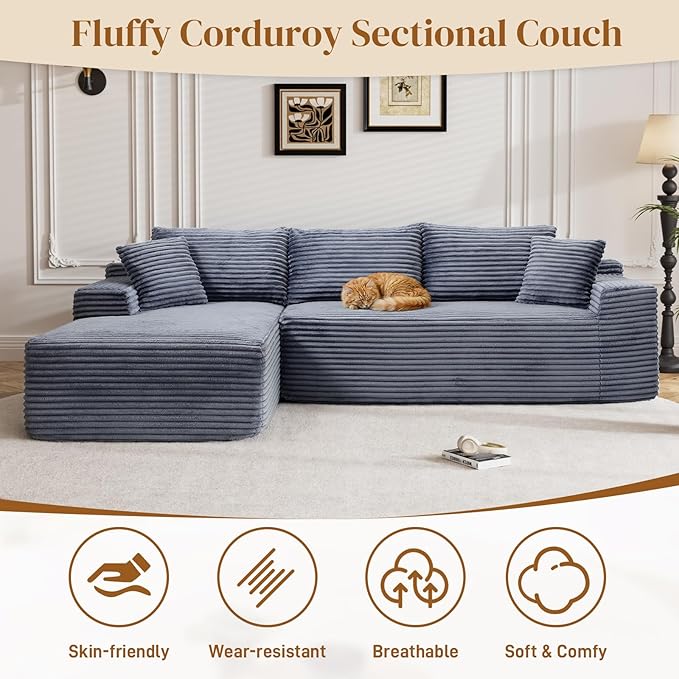 95" L Shaped Boneless Sectional Couches, Wide Armrest, Deep Seat, Memory Foam, Assembly Free, Modern Comfy Corduroy Fluffy Cloud Sofa with Left Chaise for Living Room, Small Spaces, Grey