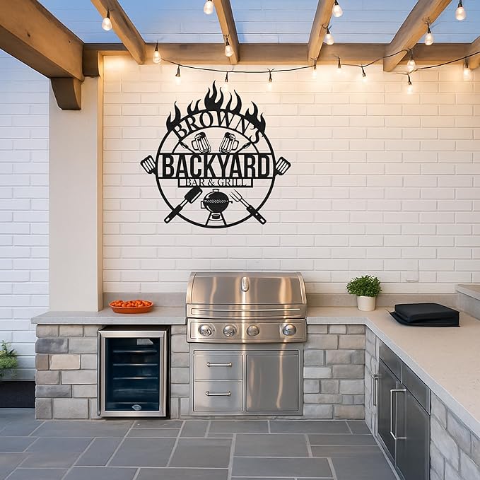 Rustic Metal BBQ Cut Sign, Personalized Grill Wall Art with Custom Name for Backyard Patio, Outdoor Barbecue Decor