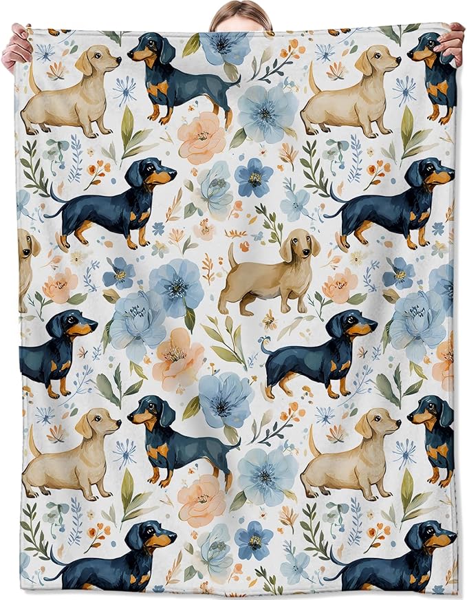 Cute Dachshund Floral Blanket,Funny Dog and Colorful Flower Blankts,Gifts for Kids Puppy Lovers,Home Dorm Cabin Pet Area Picnic and Travel Decor, Soft Cozy Lightweight Flannel Throw,50"x60"